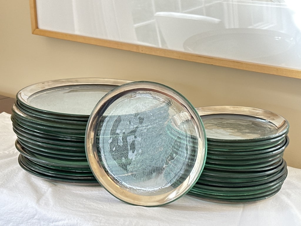 (32) Annieglass Plates: (16) 12in Diameter dinner plates, (16) 8 1/4in diameter salad plates. See photos for condition. Plates are heavy.