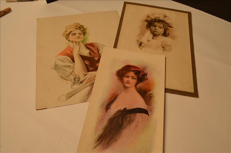 1 Real Photo & 2 Lithographs: 1 Real Photo & 2 Lithographs Gibson Girl with red ladies cap. Early woman with tennis racket. All Victorian era.