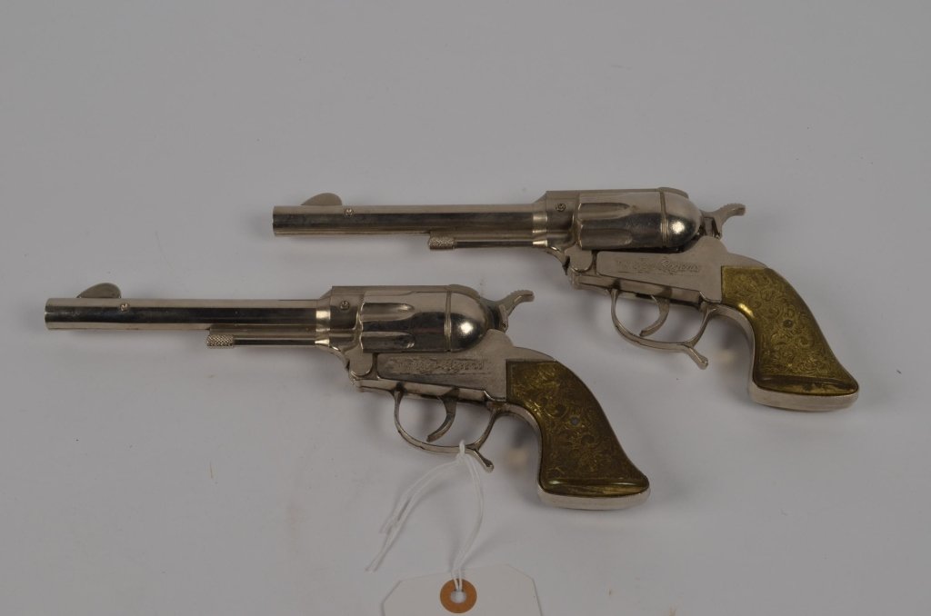 Pair of Roy Rogers Childrens Cap Guns: Double RR bar logo. Vintage toy cap guns.