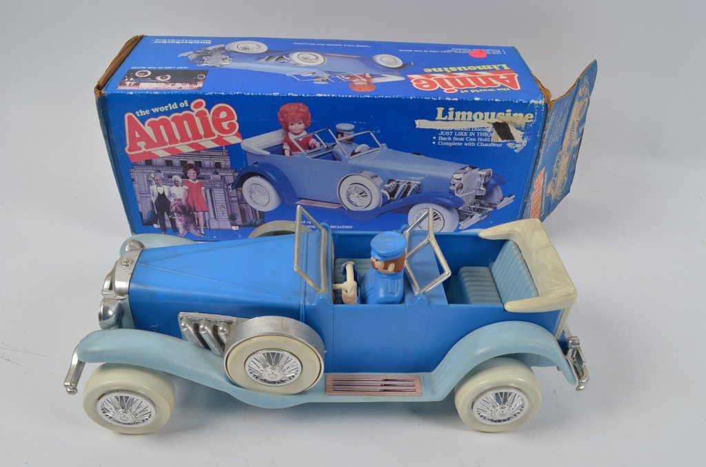Little Orphan Annie Limousine Toy Car: Knickerbocker toys. Marked 1982 on the bottom. Still with the original box. The little Annie doll that is supposed to sit in the back seat is missing.