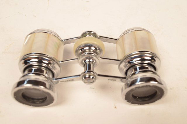 Vintage Mother of Pearl Opera Glasses: Vintage opera glasses with inlaid Mother of Pearl and Bellevue, Paris marked on frame come in fabric travel case. Measures 3.5"W