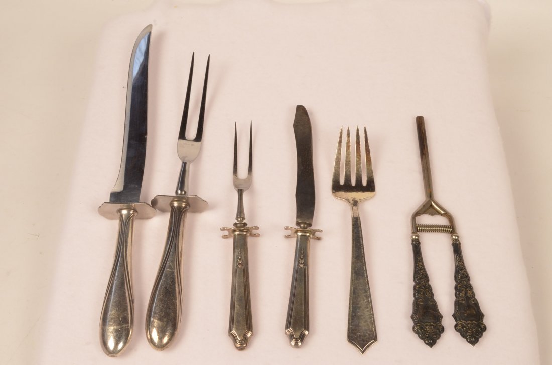 Sterling Silver Misc. Silverware & Vintage Hair Curler: Matching sterling silver carving set with sterling handles only. Smaller sterling carving set with matching sterling handles. Handles only are sterling. Hammered serving fork, and ladies vintage sterl