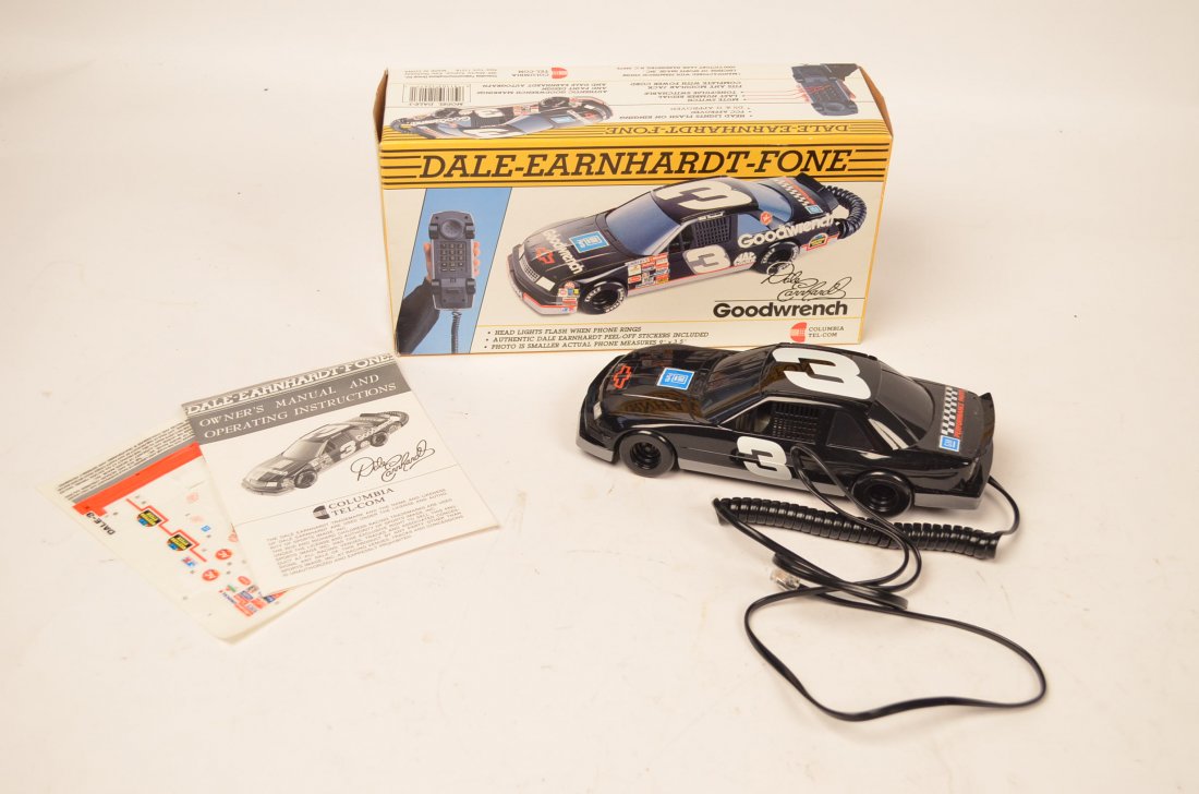 Dale Earnhardt Goodwrench Phone: Dale Earnhardt Fone with the number 3 Goodwrench sponsor car. Comes in box with owner's manual and extra decals. Head lights flash when phone rings. Phone measures 9" X 3.5"
