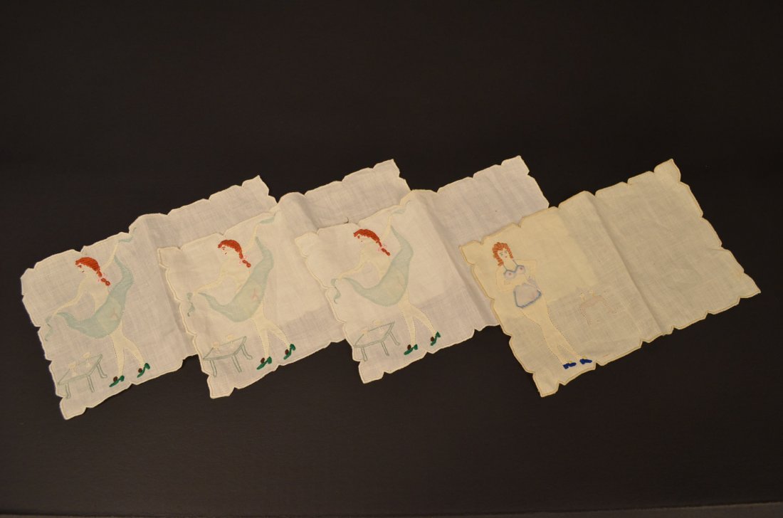 (4) Vintage Risque Pocket Handkerchiefs: Cloths with embroidered nude women. Naughty embroidery could be used as a handkerchief or table accent conversation pieces. Decorative edging. Handkerchiefs measure 5" X 8".