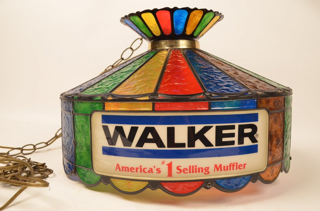 Rare Walker Advertising Hanging Light Fixture: This ceiling light is very colorful with red, blue, yellow, and green divided panels. There are three advertising signs attached to the light, advertising for the Walker company. Four inlaid plastic a
