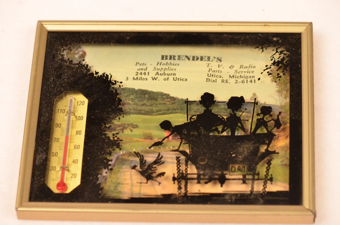 Brendel's Utica, Michigan Black Siloutte Advertising: Brendel's advertising pets, hobbies and supplies, TV & radio parts and service. Black silhouette of family in carriage. Has thermometer on left side of framed advertising. Measures 5" X 4".
