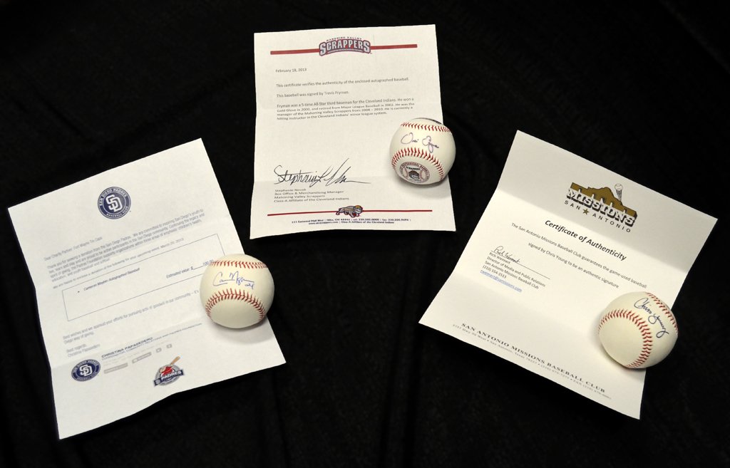 MLB All-Star Autograph Package!: A triple combination of MLB Stars! An autographed Travis Fryman Ball (5x All-Star), Autographed Chris Young Ball (1x All-Star), and Cameron Maybin Autographed Ball (Future All-Star!) Donated by MiLB H