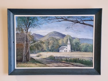 Church Scene Oil on Board, by Packer