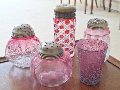 Antique Coin Dot Sugar Shaker, Northwood EAPG: Opalescent coin dot cranberry clear with ring neck mold sugar shaker, 4 1/2in H. Royal oak leaf Rubina Cranberry shaker, 4in H. Pebbled glass is 2 1/2in diameter x 3 1/2in H. Cranberry to clear shaker