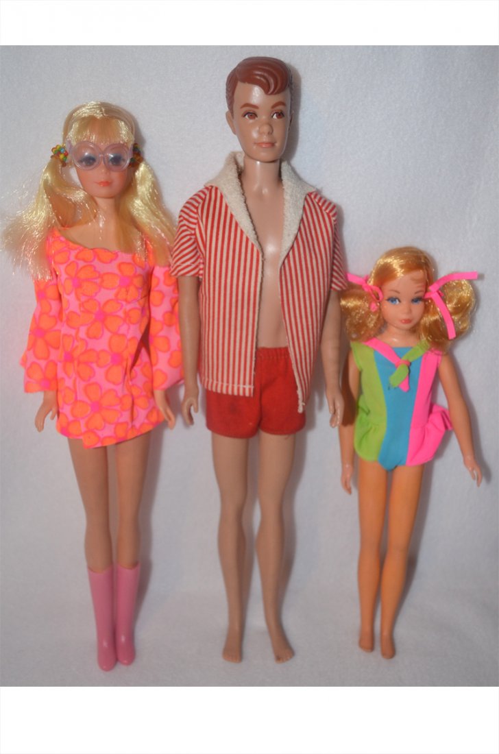3 Vintage Barbie Dolls in Original Barbie Brand Outfits: Included is Talking PJ Doll. She has blonde hair, brown eyes with rooted eyelashes and bendable knees. PJ is wearing an original hot pink floral outfit, sunglasses, hot pink panties, boots, and colore