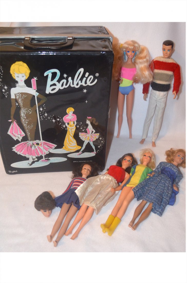 Vintage Barbie Dolls, Carrying Case, & Outfits: Midge Doll, 1966 Twiggy with bendable knees and twists at the waist, 1960' brunette Ken doll with blue eyes and outfitted in original Ken clothing, brunette Scooter, 1966 brunette Barbie doll with roo