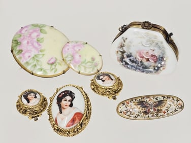 Antique Limoges Purse & Pins; Hand-Painted Pins