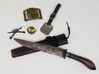 Antique Knife w/ Wooden Sheath & Military Items