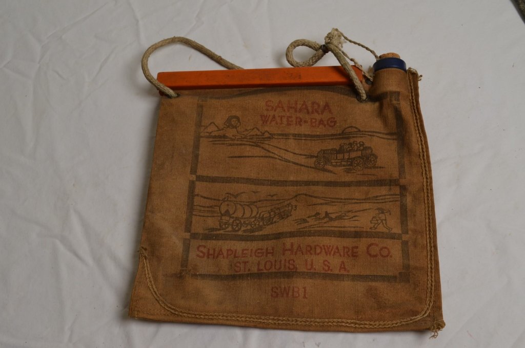Shapleigh Hardware Sahara Water Bag: Sahara water bag. Extremely nice condition. No rips or tears. Nice scene of the Pyramids and covered wagons. Reverse side is not marked.