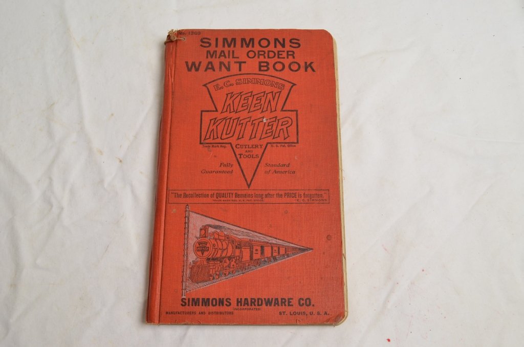Simmons Keen Kutter Mail Order Want Book: Simmons Keen Kutter Mail Order Want Book. Book number 1369. There is a receipt inside dated 1926. Several of the first few pages have been written on. Pages 30 through 280 are in excellent condition a