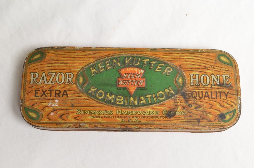 Keen Kutter Kombination Hone: KK razor hone. Fine & super fine. Model No. K20. Measures approximately 5" long. wonderful litho color. Very light bottom wear, does not detract at all.