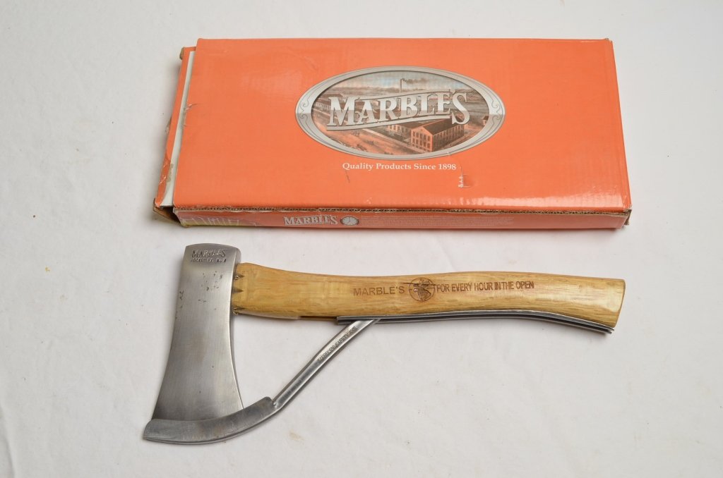 Marbles Hatchet: New, comes with original box. Extremely nice hatchet replicating the original marbles. Complete with blade guard.