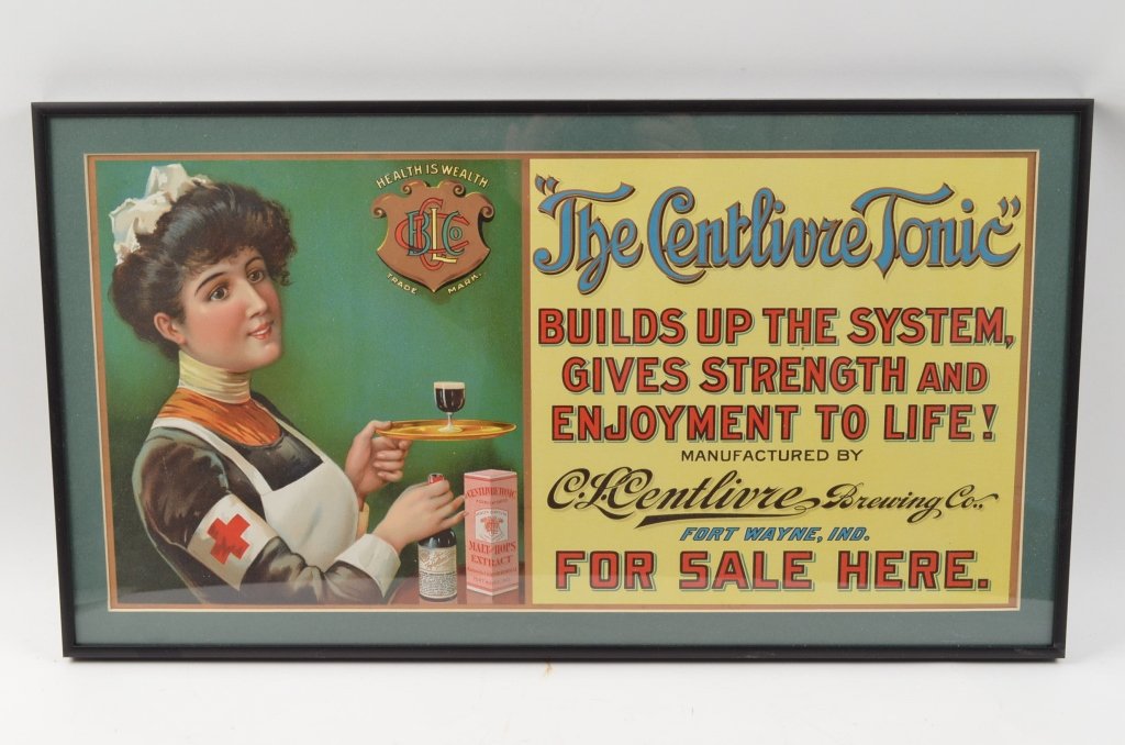 Centlivre Tonic Brewing Co. Advertising: Contact Pak Mail (260) 637-4809 for shipping quote prior to bidding. "The Centlivre Tonic" C.L Centlivre Brewing Co. Fort Wayne, IN framed advertising print. Measures 22.25" X 12.5" .