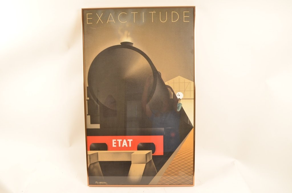 Fix-Masseau Exactitude Framed Art Poster: Contact Pak Mail (260) 637-4809 for shipping quote prior to bidding. Print measures 23.5" wide and 38" tall. Train engine pulling into station.
