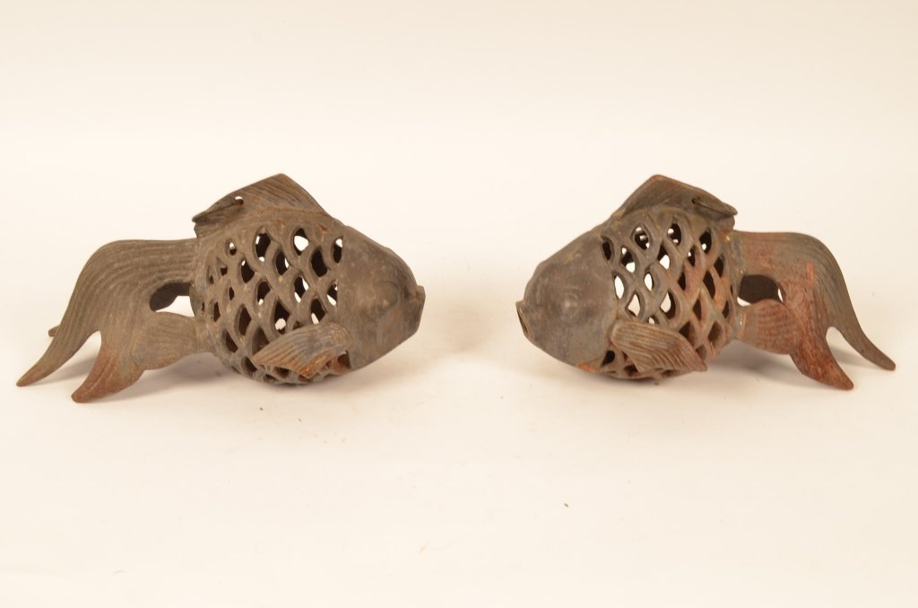 Koi Fish Hanging Cast Iron Candle Holders: Pair of Koi fish candle holders for outdoor lighting and decorating. Measure 13" long.