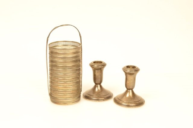 12 Sterling Coasters W/ Holder & Candlesticks: FREE SHIPPING ON THIS LOT(continental US only, international bidders contact Pak Mail for shipping quote), buyer to pay $8.99 flat fee for handling, packaging and insurance on EACH INDIVIDUAL LOT (no