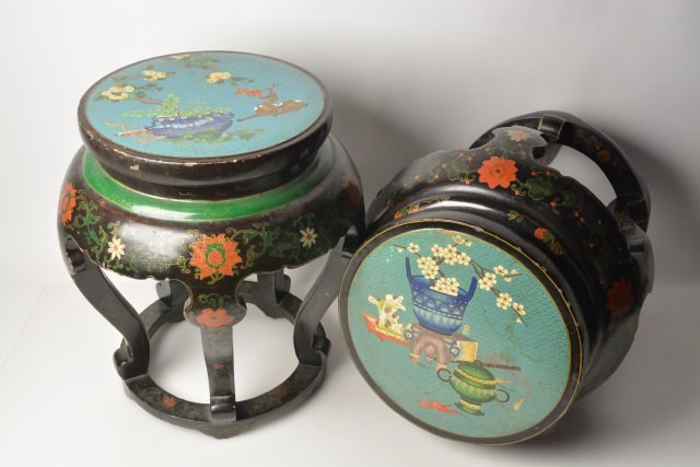 *(2) Hand Painted Oriental Motif Wood Stools: Contact our recommended 3rd party for profit shipper Pak Mail at (260) 637-4809 for shipping quote PRIOR to bidding. Scheerer WILL NOT ship this item under any circumstances, no exceptions. (2) Hand p