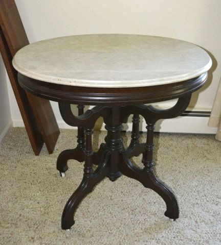 *Victorian Eastlake Oval Parlor Marble Top Table: Contact our recommended 3rd party for profit shipper Pak Mail at (260) 637-4809 for shipping quote PRIOR to bidding. Scheerer WILL NOT ship this item under any circumstances, no exceptions. Antique Vi