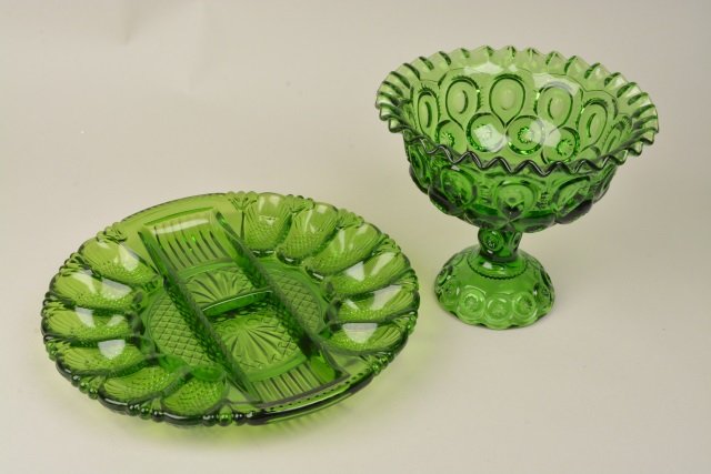 *L.E. Smith Green Deviled Egg Plate & Compote (1 of 3)