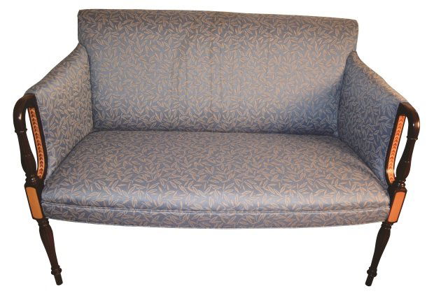 Pair of Antique Newly Upholstered Settees: You are bidding on a pair of light blue, tan and leaf patterned, upholstered settees with parquetry arrow design detailing on arm rests and splayed back legs. Only one has been photographed. Formerly