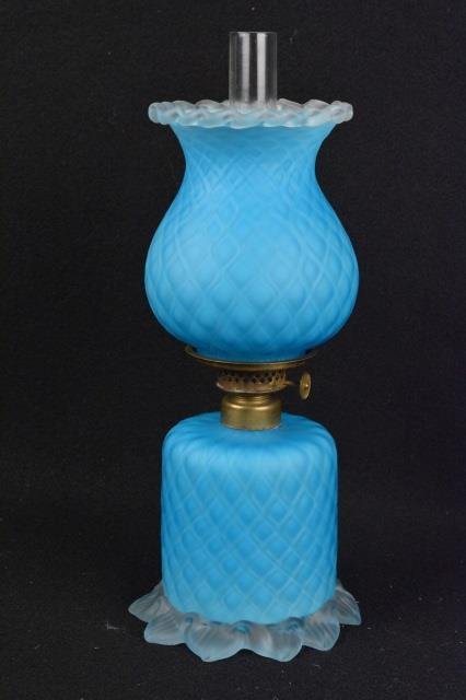 Blue Satin Glass Diamond Quilted Miniature Lamp (1 of 5)