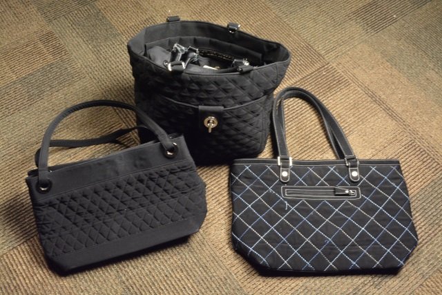 *(3) Vera Bradley Handbags: (3) Vera Bradley Handbags, (2) black quilted and (2) black quilted with blue and white stitching detail. Contact our recommended 3rd party "for profit" shipper Pak Mail at (260) 637-4809 or Pakmail419