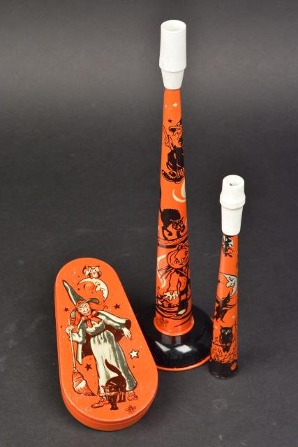 *(3) Vintage Metal Halloween Children's Toys: (3) Vintage Metal Halloween Children's Toy by the U.S. Metal MFG Co. Witch noise maker and (2) party horns. Contact our recommended 3rd party "for profit" shipper Pak Mail at (260) 637-4809 or Pakmail