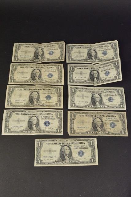 *(9) Silver Certificates: (9) Silver Certificates, ungraded.Contact our recommended 3rd party "for profit" shipper Pak Mail at (260) 637-4809 or Pakmail419@yahoo.com for shipping quote PRIOR to bidding. Scheerer WILL NOT ship