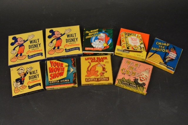 (9) Walt Disney & Castle Movie Projecter Reels: (9) Children's vintage movie projecter toy reels for 8mm or 16 mm movie projector. Reel include Walt Disney cartoons, Castle Films, Night Before Christmas, Fun at The Circus, Chimp the Aviator, Little