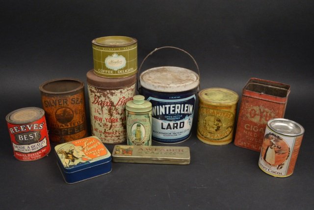 Lot of (14) Advertising Tins: Lot of (14) advertising tins. Winterlein Lard, Bloomington, IN. Wish Bone Combination coffee, Bunn Capitaol Grocery Co. Bloomington, Illinois. Jays Potato Chips. Smith Bros. cough drops. Avon Gentelme