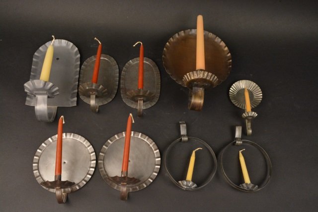 (9) Tin/Copper Candle Wall Scones: (9) Candle Wall Scones. All scones are tin except one copper. Candles are for display purposes only. Contact our recommended 3rd party "for profit" shipper Pak Mail at (260) 637-4809 or Pakmail419@yah