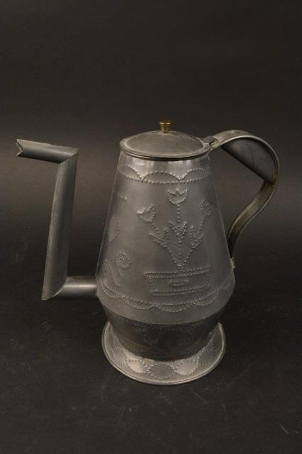 Tin Punched Tea Kettle Tulip Design: Tin Punched Tea Kettle with a tulip design measuring 10.5" high. Contact our recommended 3rd party "for profit" shipper Pak Mail at (260) 637-4809 or Pakmail419@yahoo.com for shipping quote PRIOR to b