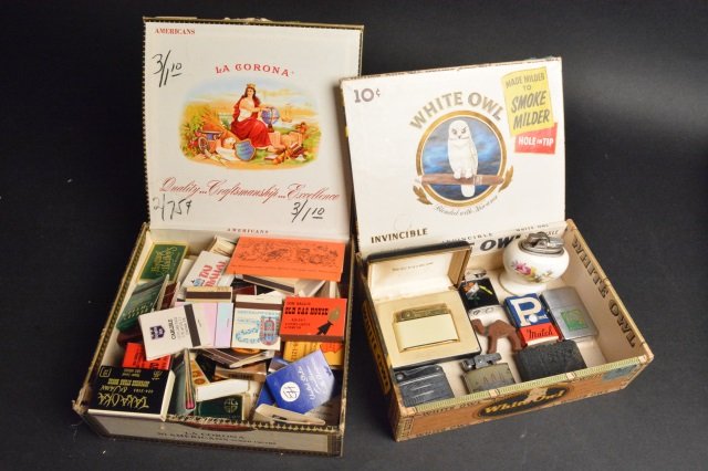 Tobacianna Advertising Match Books, Lighters: Advertising/ collectible tobaccania assorted lot of match books & lighters. Ronson Princess pocket lighter. Airkem Zippo lighter. Schick lighter. Hand painted bone China Victorian lighter. White Owl &