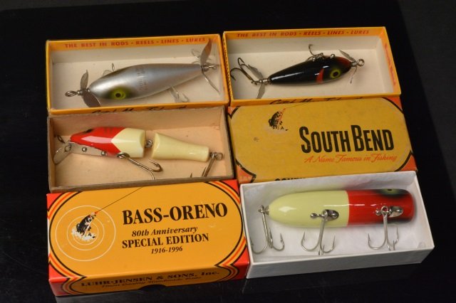 (4) South Bend Lure Assortment: (4) South Bend lure assortment. Nip-I-Diddee; Spin-I-Diddee; Pike Orenno; Bass Oreno. All come in boxes. Fishing equipment, fishing collectibles. Contact our recommended 3rd party "for profit" shipper