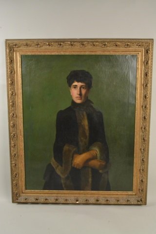 19th c. Portrait of a Woman, oil on canvas: Large 19th century portrait by Hugh C. Charde (Irish, 1886 - 1936, sll), of a fine-boned young woman in a long fur-trimmed coat & leather gloves. The muted green background adds a feeling of serenity 