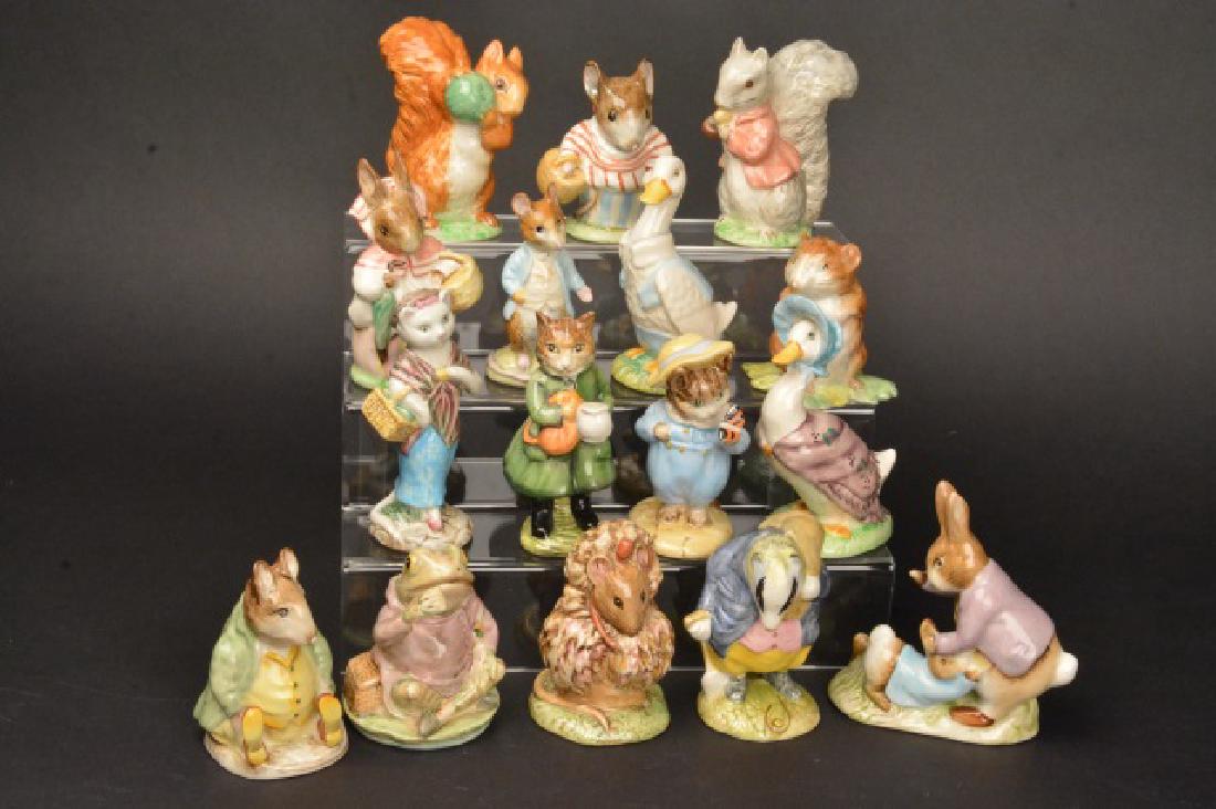 (16) Beswick England Beatrix Potter's Figurines: (16) Beswick England Beatrix Potter's figurines. Mr. Benjamin Bunny & Peter Rabbit 1975, Tommy Brock 1955, Samuel Whiskers 1948, Mr. Jeremy Fisher 1950, Thomasina Tittlemouse 1981, Tom Kitten & Butter