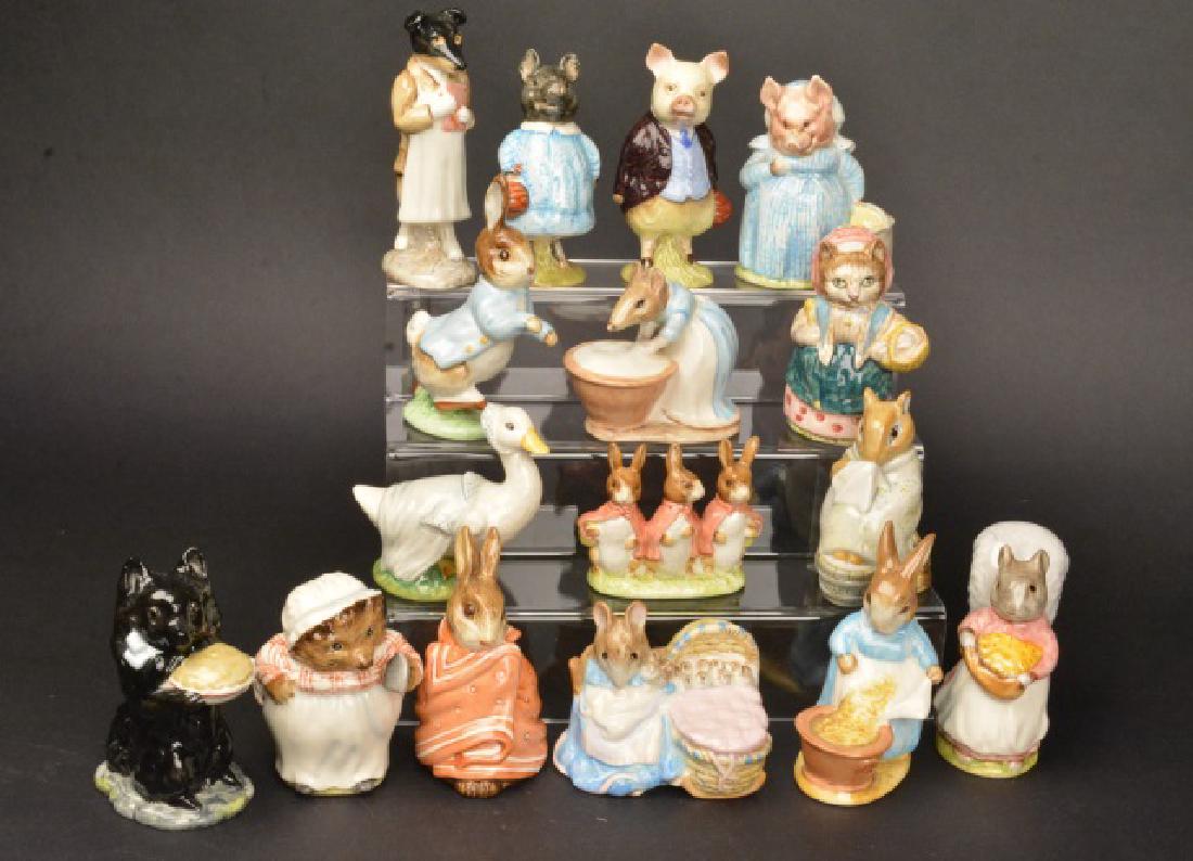 (16) Beswick England Beatrix Potter's Figures: (16) Beswick England Beatrix Potter's figurines. Goody Tiptoes, Flopsy Mopsy & Cottontail 1954, Cecily Parsley 1965, Anna Maria 1963, Chippy Hackee 1979, Hunca Munca 1951, Rebecca Puddle-Duck 1981, Mr