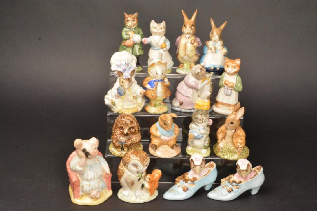 (16) Beswick England Beatrix Potter's Figures: (16) Beswick England Beatrix Potter's figurines. (2) The Old Woman Who Lived in a Shoe 1959, Miss Moppets, Old Mr. Pricklepin 1983, Old Mr. Bouncer 1986, Benjamin Bunny Sat on a Bank 1983, Little Pig 
