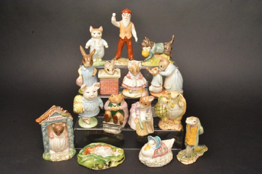 (15) Royal Albert & Beswick Beatrix Potter's: (15) Royal Albert & Beswick Beatrix Potter's figurines. Hunca Munca Sweeping 1977, Sir Isaac Newton 1973, Jemima Puddle-Duck 1983, Mr. Jackson 1974, Little Pig Robinson 1948, Mrs. Flopsy Bunny 1989, T
