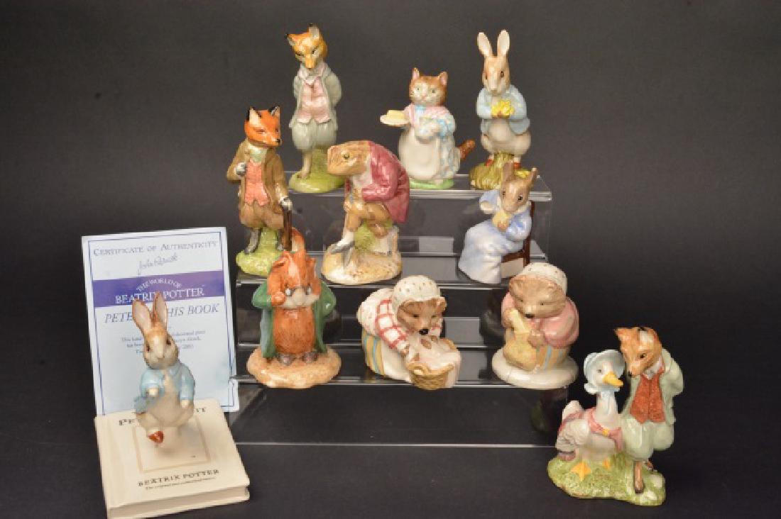 (11) Beswick Royal Doulton Beatrix Potters Figures: (11) Beswick Royal Doulton Beatrix Potter's figurines. Mrs. Tiggy Winkle 2002, Mrs. Tiggy Winkle Washing 1998, The Head Gardner 2002, Cottontail 1985, Jemima Puddle-Duck with Foxy Whiskered Gentleman 