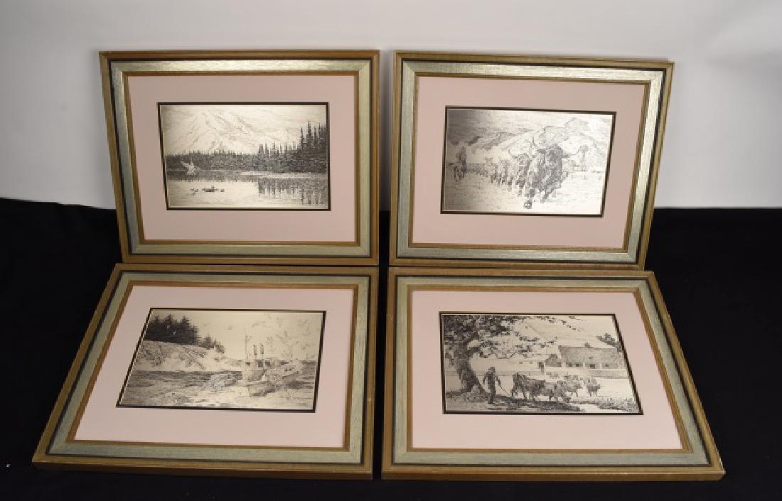 (4) Jamie Wyeth Etched Sterling Silver Wall Art: (4) Jamie Wyeth etched sterling silver wall art grouping. "Coast of Maine" original work etched in solid sterling silver and issued in a single limited edition by the Franklin Mint. Certified on July
