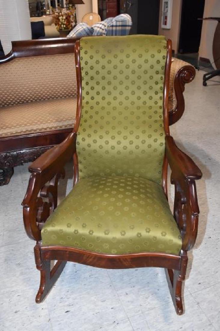 Sleepy Hollow American Walnut Burl Rocker: American Renaissance Revival Walnut burl rocking chair, upholstered green with small monochromatic flowers. 26" W x 38" H. Contact our recommended 3rd party "for profit" shipper Pak Mail at (260) 637-
