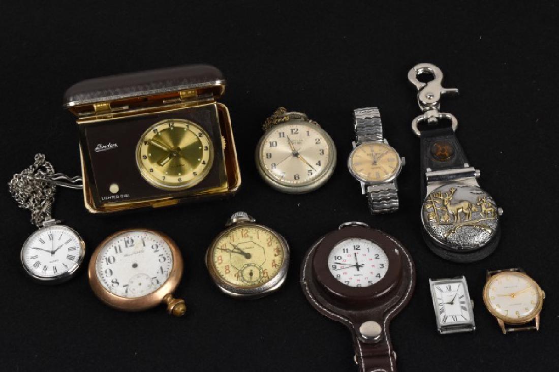 (10) Men's Pocket Watches/ Timepieces: Men's pocket watches and timepieces. New Haven, Illinois Watch Co. 20 yrs. service (time mech. missing), Westclox Pocket Ben, Japan movement key chain compass timepiece with embossed deers, Caravelle 