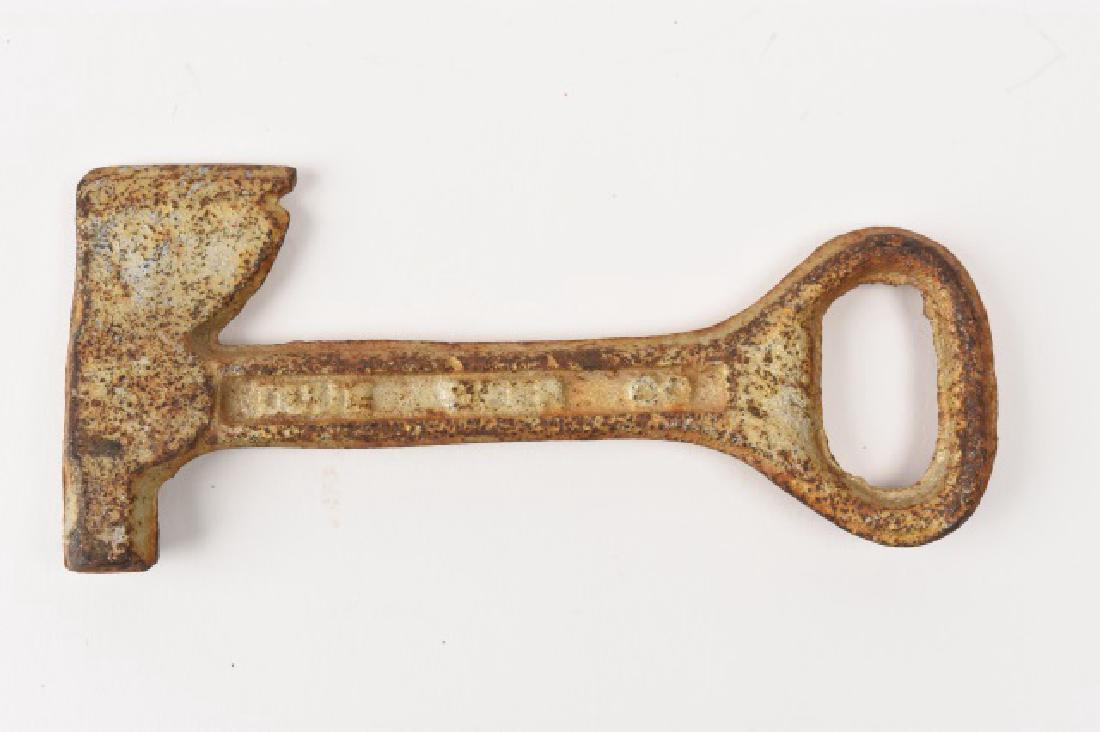 Vint. Cast Fireman Hatchet Bottle Opener: Fireman Hatchet beer bottle cap opener, 4.5". Contact our recommended 3rd party "for profit" shipper Pak Mail at (260) 637-4809 or contact@pakmailshipsfortwayne.com for shipping quote PRIOR to bidding