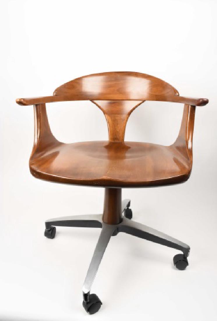 Signed A. Heywood Wakefield Arm Chair: Unusual A. Heywood Wakefield pencil signed arm wood office chair, swivel base. Mid-Century modern furniture. 31" from floor to top of back. One loose caster, several scratches on wood, refer to photos
